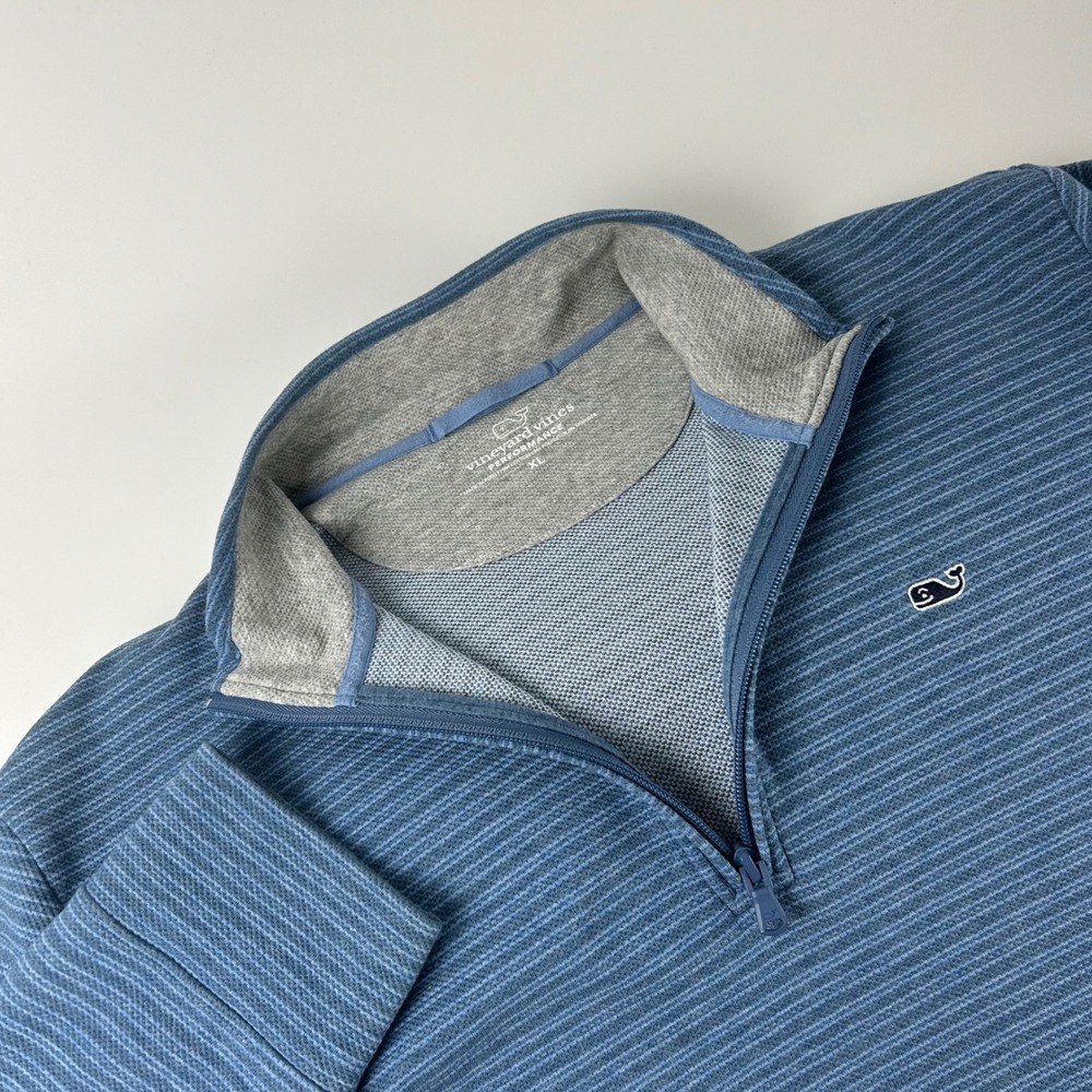 Vineyard Vines Men's XL Performance Blue Stripe 1/4 Zip Golf Pullover Sweater